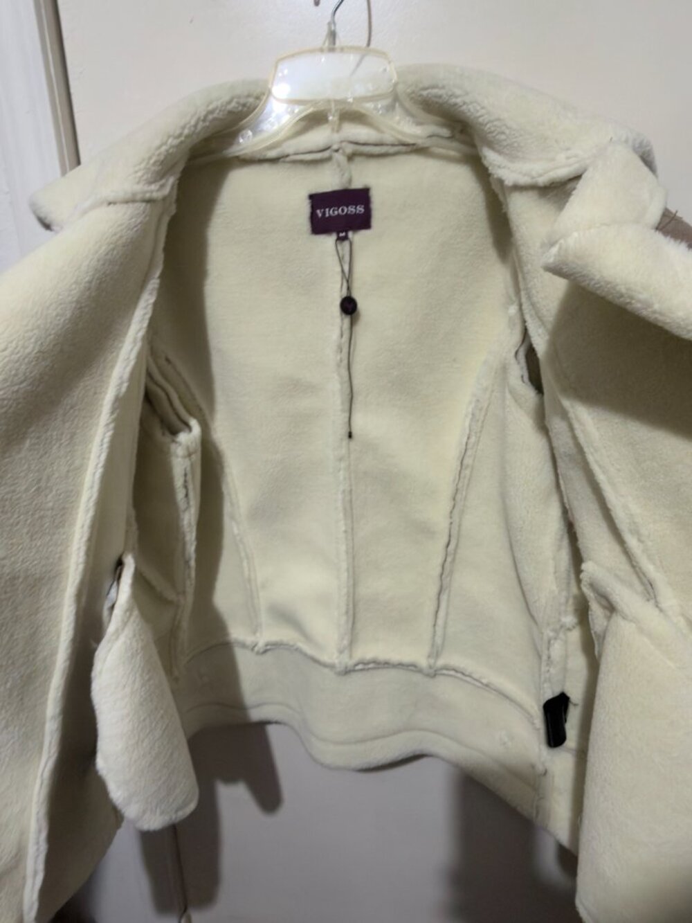 Vigoss Faux Suede Shearling Moto Aviator Jacket Taupe Medium Cozy - Picture 9 of 16
